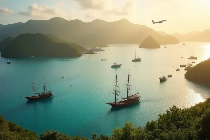 Phinisi boats anchored in Labuan Bajo harbor at golden hour, the arrival point for Bali to Flores routes by air and sea