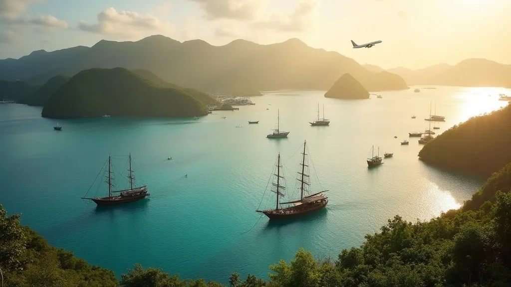 Phinisi boats anchored in Labuan Bajo harbor at golden hour, the arrival point for Bali to Flores routes by air and sea
