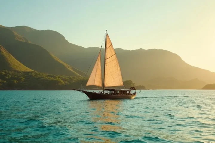 Wooden phinisi sailing boat anchored below the savanna ridges of Padar Island in Komodo National Park near Labuan Bajo, Flores