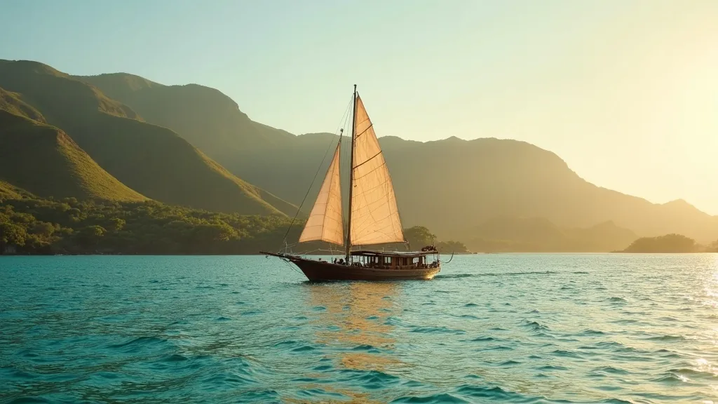 Wooden phinisi sailing boat anchored below the savanna ridges of Padar Island in Komodo National Park near Labuan Bajo, Flores
