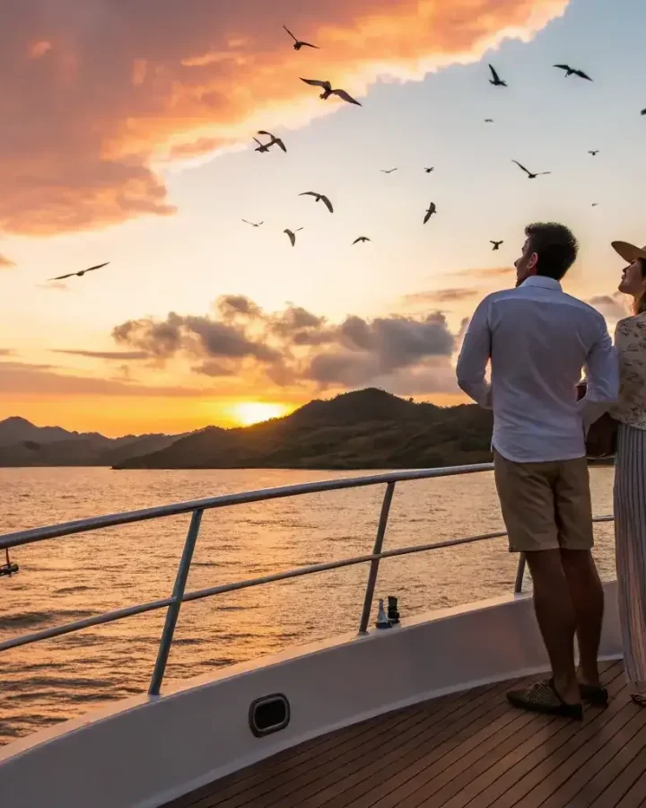 A couple on the bow of a phinisi at sunset near Kalong Island